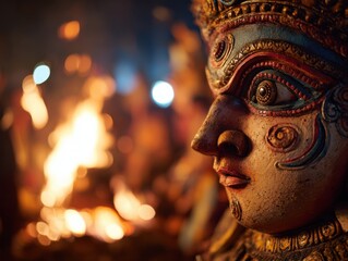 Colorful traditional statue face in front of fire during festival  