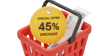 Red shopping basket with a 45 percent discount tag and receipt showing a special offer for retail promotions and seasonal sales events on transparent background