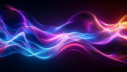 Abstract digital art of flowing, glowing energy, rendered with vibrant colors. A dark background accentuates the dynamic, curved forms
