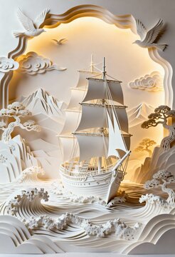 Elegant Paper Ship: A meticulously crafted paper sculpture of a majestic ship sailing through stylized waves, accented by detailed mountain and cloud formations.