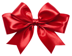 Angled Side View of Red Satin Bow with Flowing Ribbon Ends, isolated on transparent background.