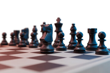 Black Chess Knight Leading on Wooden Chessboard