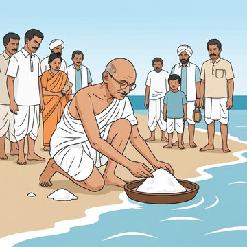 Illustration of Mahatma Gandhi collecting salt on a beach with a crowd watching.