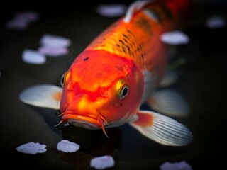 Obraz premium Close-up of a vibrant orange and white Koi fish swimming in dark water with scattered white flower petals.