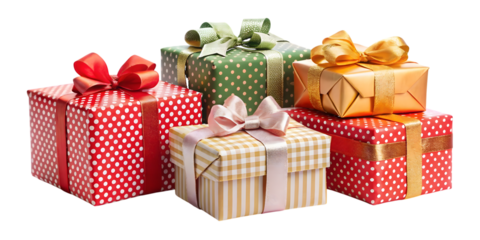 Stacked and Grouped Gift Boxes with Various Ribbons and Patterns present wrapped isolated on a transparent background