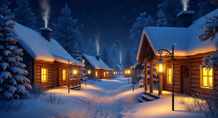 Fototapeta premium A snowy winter village with illuminated log cabins and street lamps at nighttime
