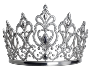 Classic Silver Tiara Crown with Decorative Patterns, Front View, isolated on transparent background