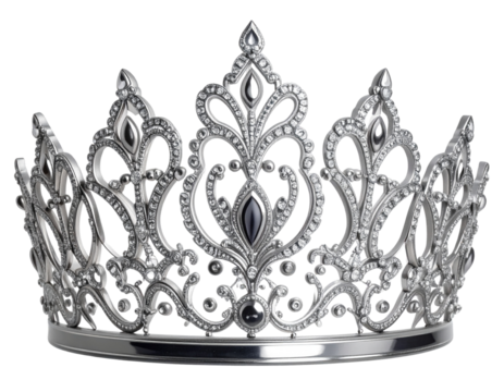 Classic Silver Tiara Crown with Decorative Patterns, Front View, isolated on transparent background
