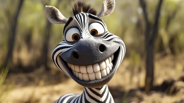 Smiling zebra on the background of the savannah