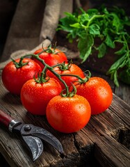 Fresh tomatoes on rustic wooden board