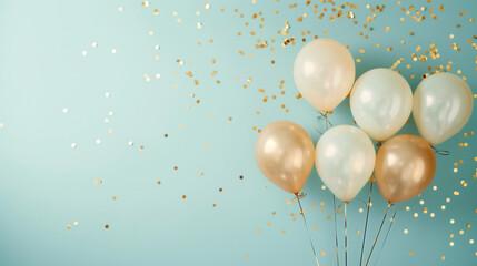 Fototapeta premium Elegant Balloon Flat Lay in Soft Earth Tones with Golden Confetti on Powder Blue Background