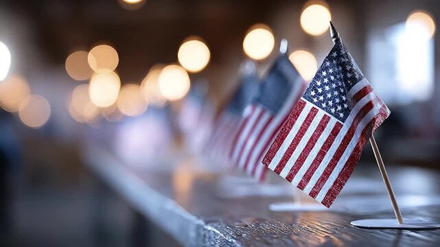 A row of miniature American flags stands on a wooden surface with blurred round lights in the background