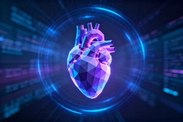 Digital representation of a human heart with geometric design and glowing blue energy rings in a futuristic interface.
