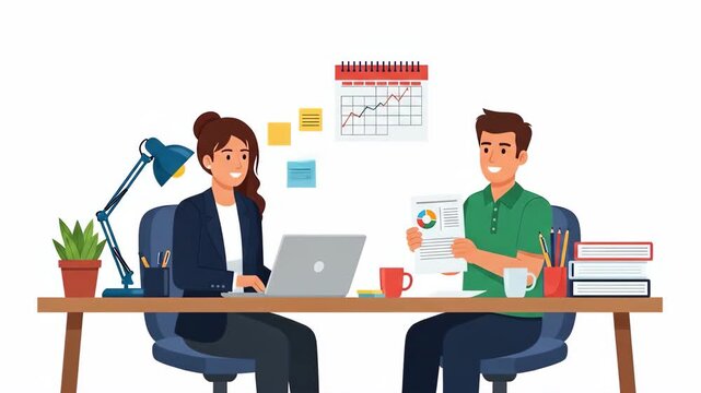 Flat vector of business meeting of colleagues discussing charts and graphs in the office, isolated on white background teamwork and collaboration concept business