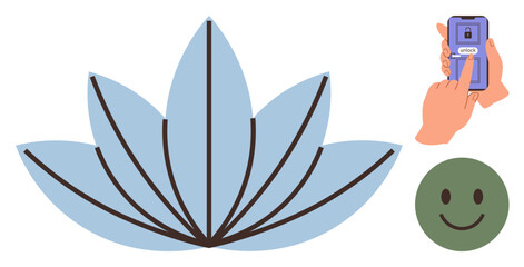 Blue lotus flower paired with a phone unlocking via fingerprint, green smiling face. Ideal for technology, mindfulness, relaxation, positivity, identity security, simplicity, digital well-being