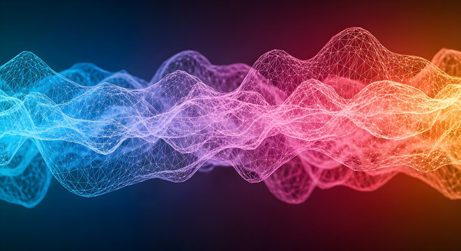 Abstract digital wave pattern with glowing particles, transitioning from blue to pink to orange, representing data, sound, or energy.