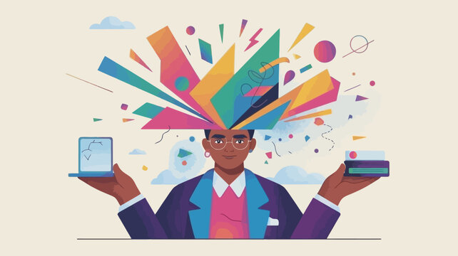 Creative businessman with colorful ideas exploding from his head holding a laptop and credit card representing innovation and financial success