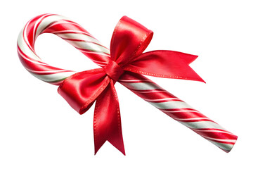 Red and White Striped Candy Cane Tied with a Red Ribbon christmas holiday isolated on a transparent background