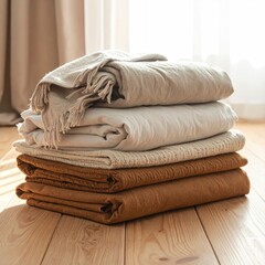 Stacked Blankets on Wooden Floor.