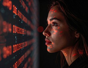 A woman gazes at a screen displaying red code, illuminated on her face, in a dark setting.