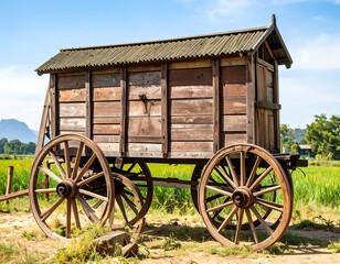 Antique wooden cart in a rural landscape