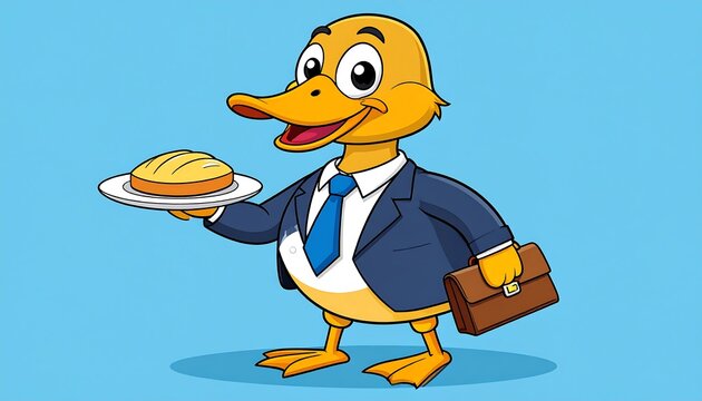 Cartoon duck in suit holding plate with bread