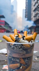 Used cigarette butts in a plastic cup on a city street