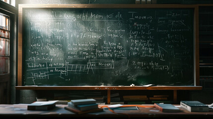 Vintage classroom blackboard filled with complex equations and mathematical formulas academic