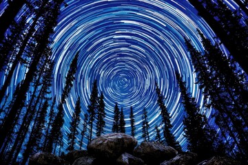 starry night sky with swirling stars over dense forest and circular trails