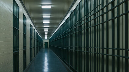 A long hallway in a prison cell block with multiple cells and bars