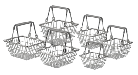 Collection of Shiny Empty Wire Shopping Baskets for Retail or Consumerism