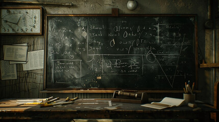 A dimly lit classroom featuring a chalkboard covered with equations and an aged desk space