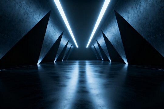 Dark futuristic corridor with glowing blue lights and triangular structures