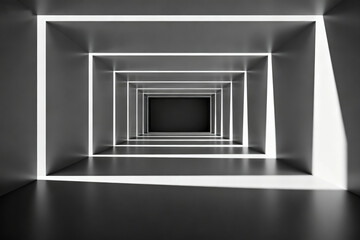 Abstract illuminated tunnel with glowing white frames receding into darkness