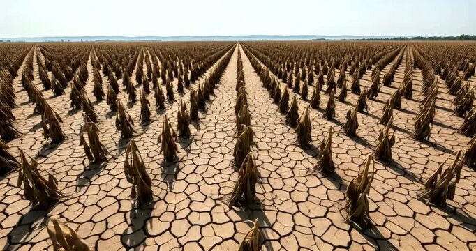 Dried farmland with cracked soil and withered crops, a stark landscape, reflecting drought