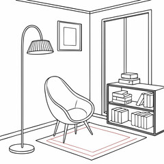 Interior scene with chair, lamp, and bookshelf © Mahdi