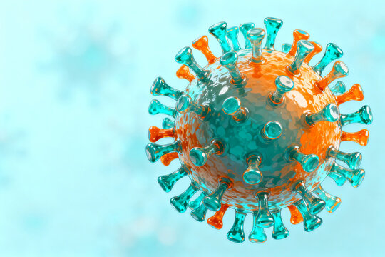 3D rendering of a virus particle with spike proteins on a blue background