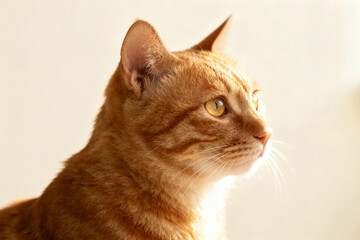 Close-up of a ginger cat looking to the side with bright yellow eyes