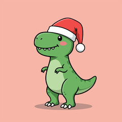 Obraz premium A cute, cartoon T-Rex dinosaur wearing a festive red and white Santa hat, standing with a cheerful expression against a soft pink background, evoking a holiday spirit.