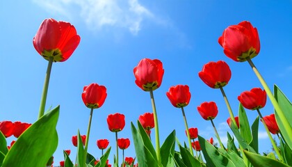 Red tulips against a bright sky