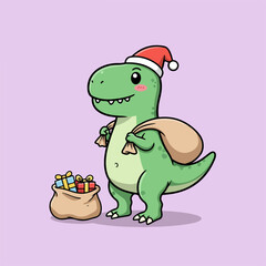 Fototapeta premium A cute green cartoon dinosaur wearing a Santa hat carries a sack of gifts for Christmas.
