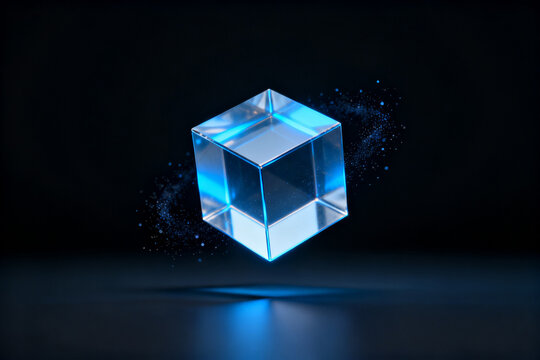 A glowing transparent cube with blue light effects floating in a dark space
