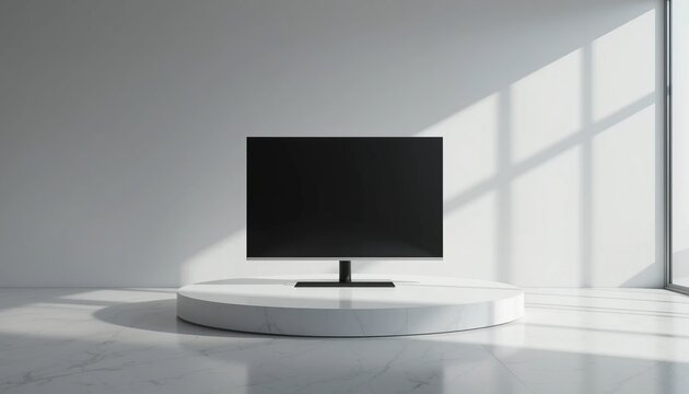 Modern Minimalist Interior Design: Flat Screen TV on Marble Stand in Sunlit Room