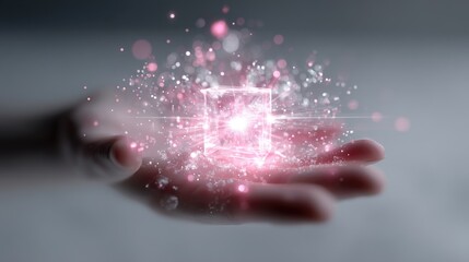 Hand Holding Glowing Pink Futuristic Cube With Sparkling Particles Over Blurred Background