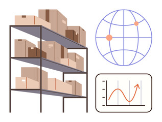 Stacked boxes on metal shelves, stylized earth grid with points, growth chart. Ideal for logistics, shipping, ecommerce, inventory, global trade, economic analysis simple flat metaphor