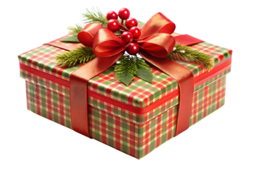 Plaid Christmas Gift Box with Red Ribbon and Berries Keywords: Christmas gift, present, gift box isolated on a transparent background