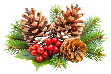 Christmas Pine Cones Fir Branches and Red Berries with Holly Keywords: Christmas, pine cone, fir isolated on a transparent background
