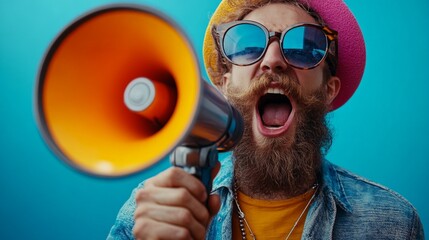 An emotional man with a megaphone, wearing bright glasses and a hat, shouts against a blue wall, emphasizing expression and attracting attention — for advertising events, social campaigns,  