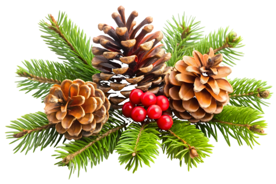 Christmas Pine Cones and Fir Branches with Red Berries Keywords: Christmas, pine cone, fir isolated on a transparent background