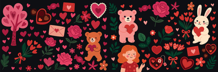 Vintage Valentine’s Day Illustrations – Retro Holiday Icons of Hearts, Love, Gifts, and Romantic Symbols